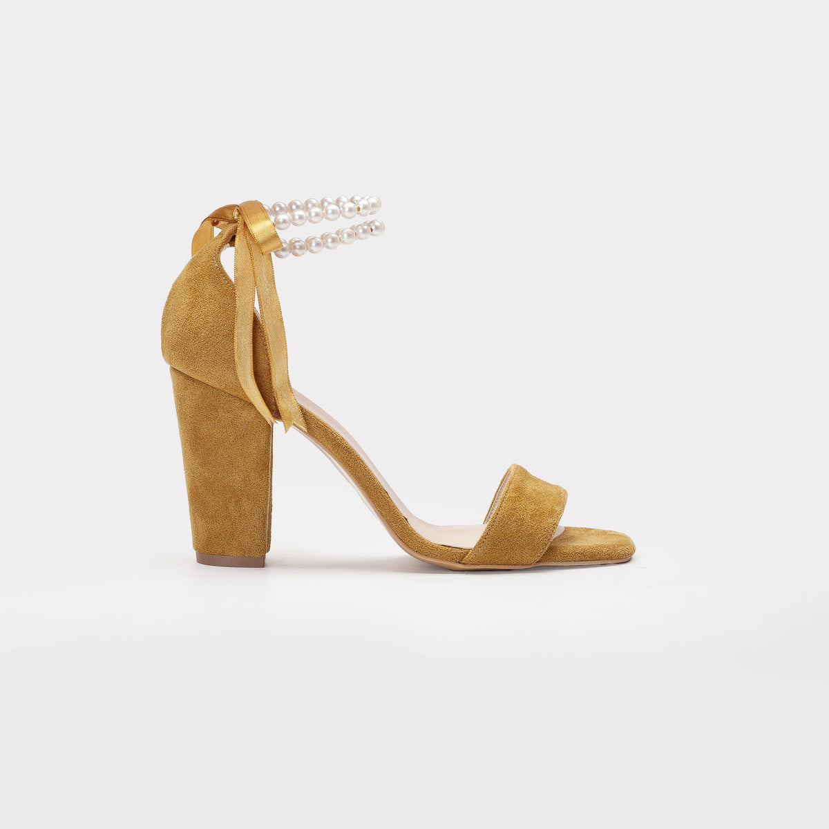 Melissa - Mustard Yellow Sandals with Pearls – front three-quarter view showing pearl, leather, suede, Vowalisse