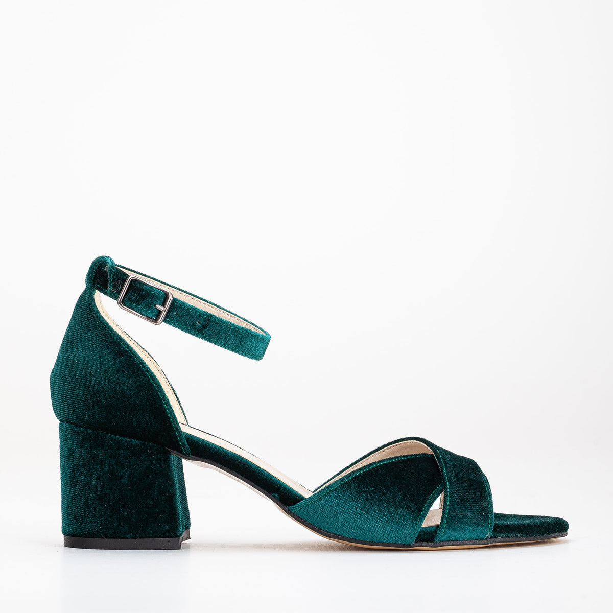 Aurora - Green Velvet Low Heel Sandals – front three-quarter view showing velvet, green, Vowalisse
