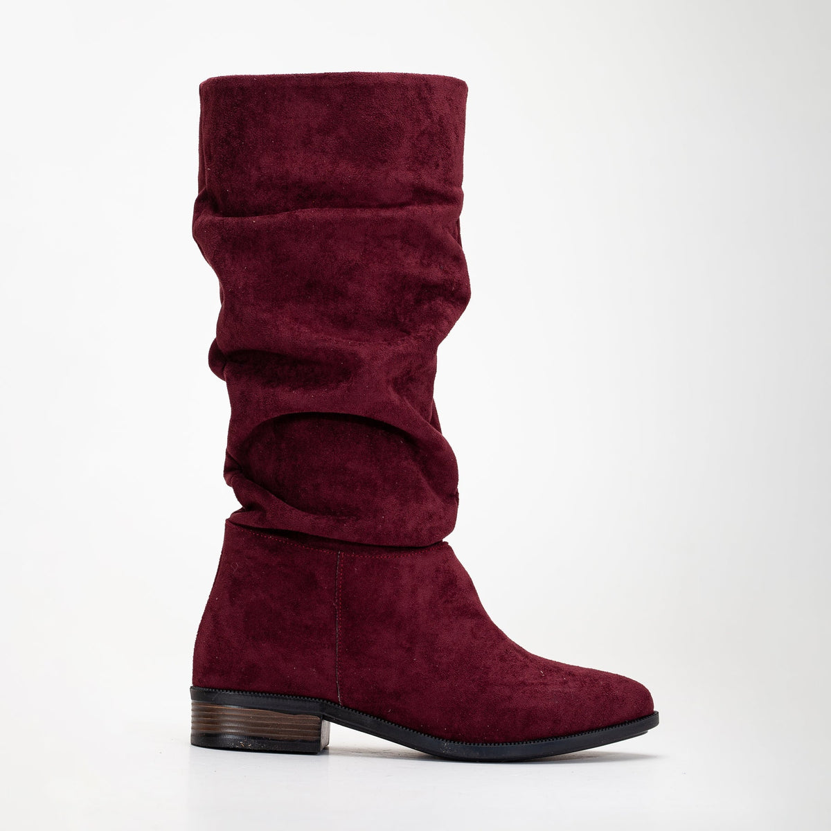 Maribel - Brick Red Suede Slouchy Boots – front three-quarter view showing suede, red, Vowalisse