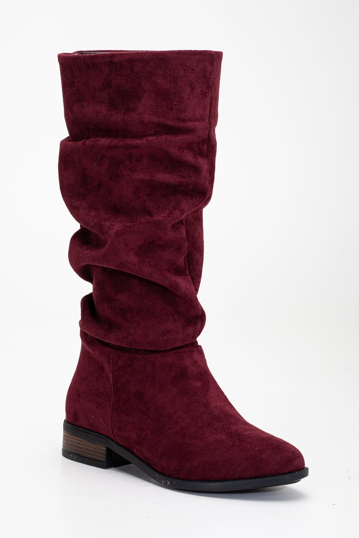 Maribel - Brick Red Suede Slouchy Boots – detail view showing suede, red, Vowalisse