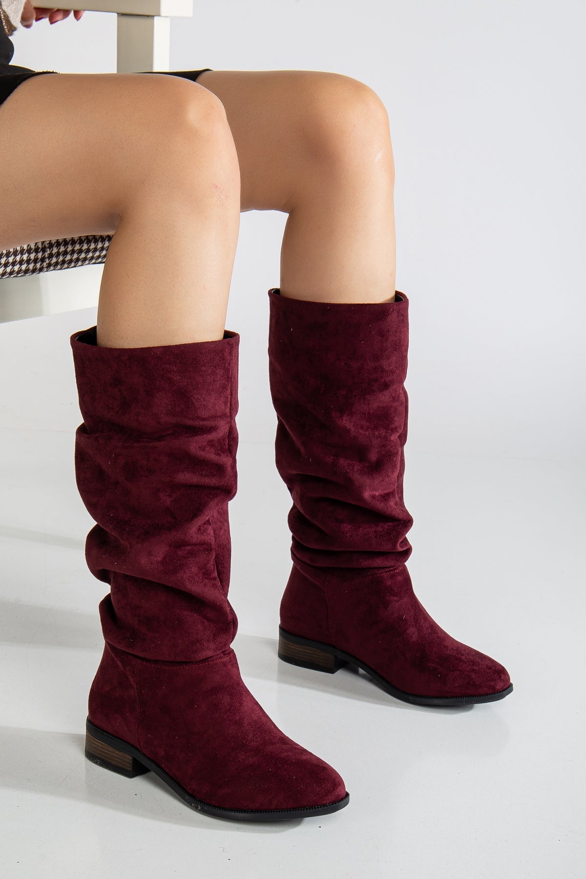 Maribel - Brick Red Suede Slouchy Boots – top view showing suede, red, Vowalisse