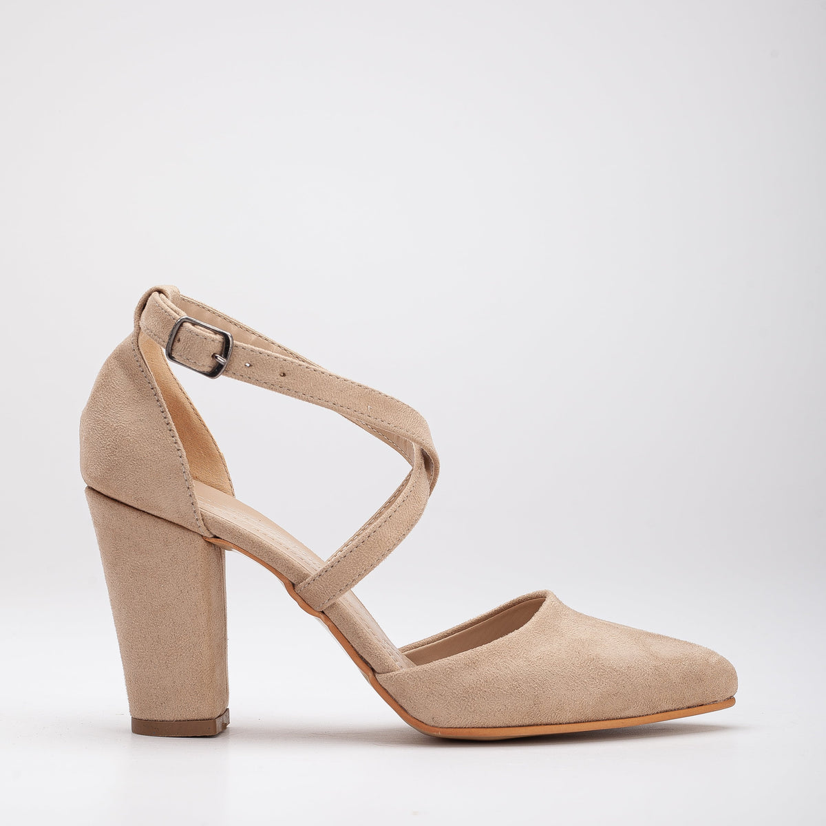 Sina - Beige Suede Criss Cross Heels – front three-quarter view showing leather, suede, nude, Vowalisse