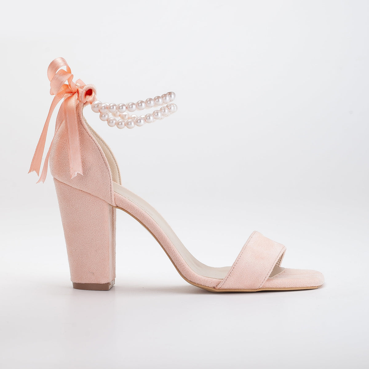 Melissa - Coral Suede Sandals with Pearls – front three-quarter view showing pearl, leather, suede, Vowalisse