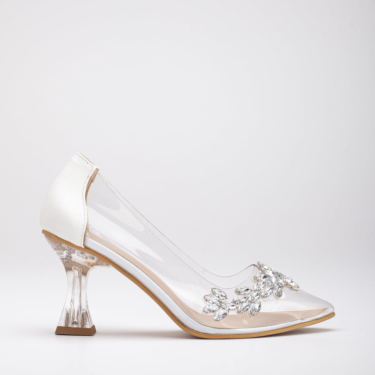 Cinderella - White Transparent High Heels – front three-quarter view showing white, Vowalisse