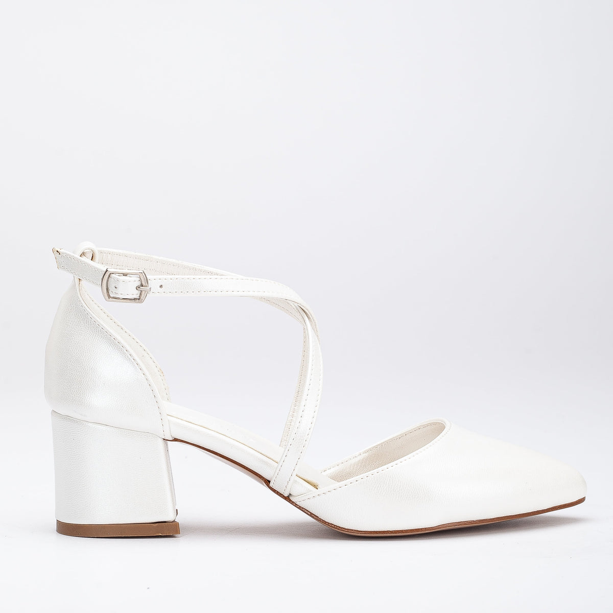 Dolly - Ivory Bridal Low Heels – front three-quarter view showing leather, ivory, Vowalisse