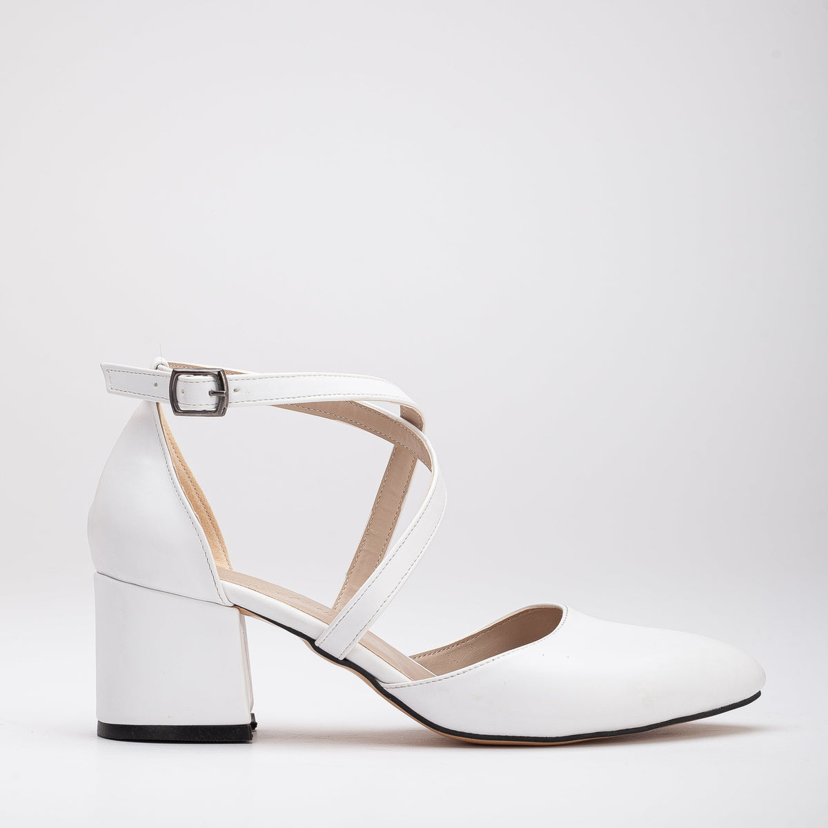 Dolly - White Bridal Low Heels – front three-quarter view showing leather, white, Vowalisse