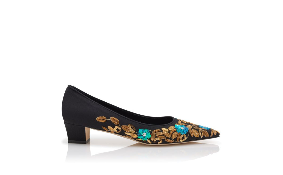 Aurelia Rose Black Embroidered Pumps – side profile showing black embroidered, almond toe, Vowalisse