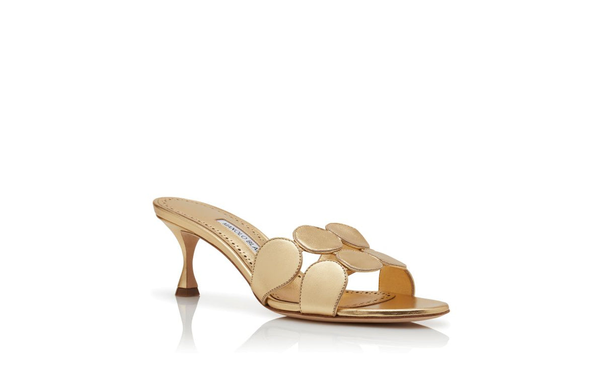 Cressida Élan Gold Open Toe Mules – top view showing gold open toe, nappa leather, Vowalisse