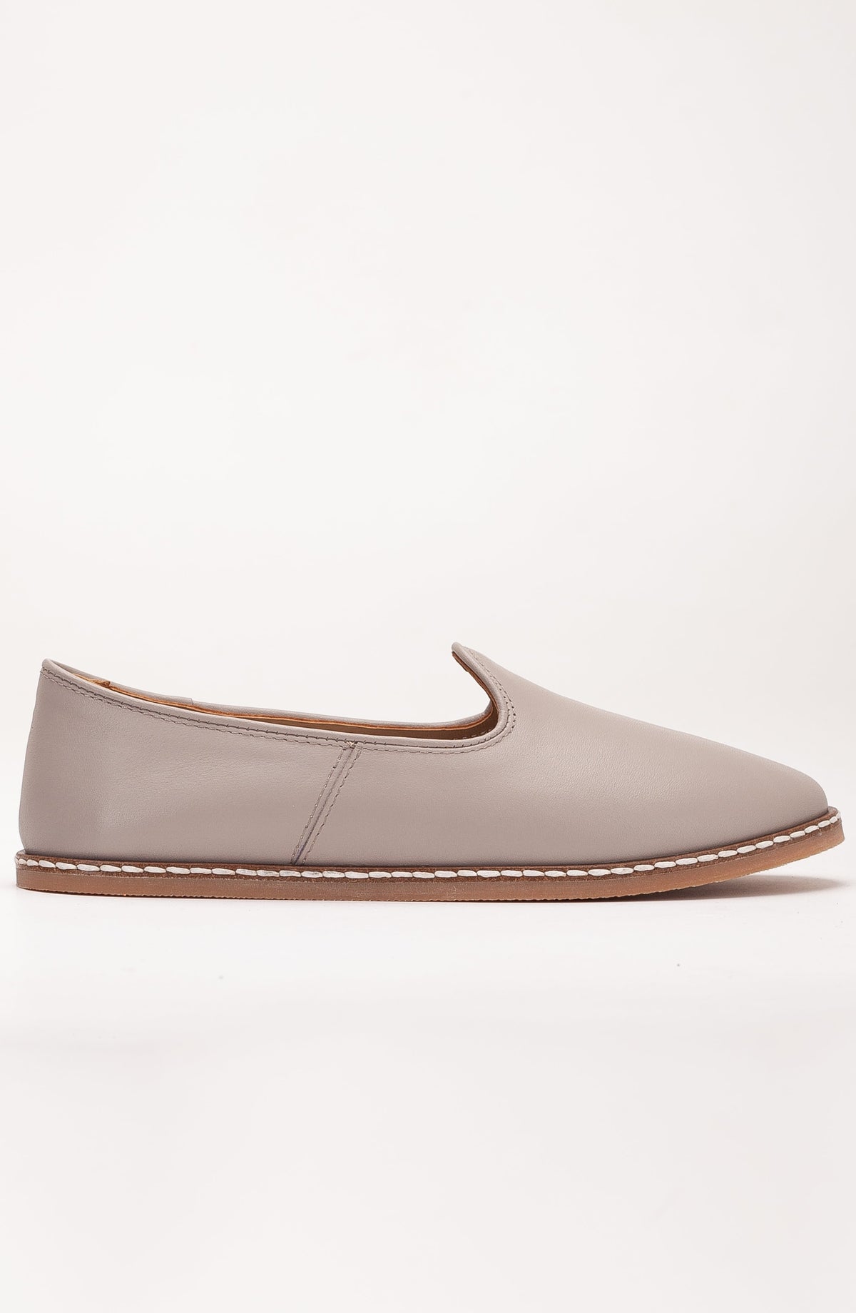 Dalya - Dark Beige Leather Slip On – front three-quarter view showing leather, red, Vowalisse