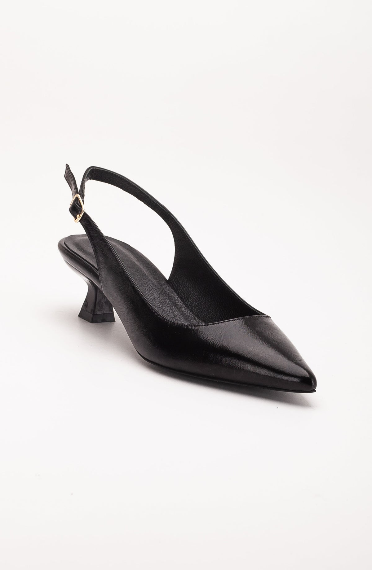 Lety - Black Patent Leather Slingback Pumps – front three-quarter view showing leather, black, gold, Vowalisse