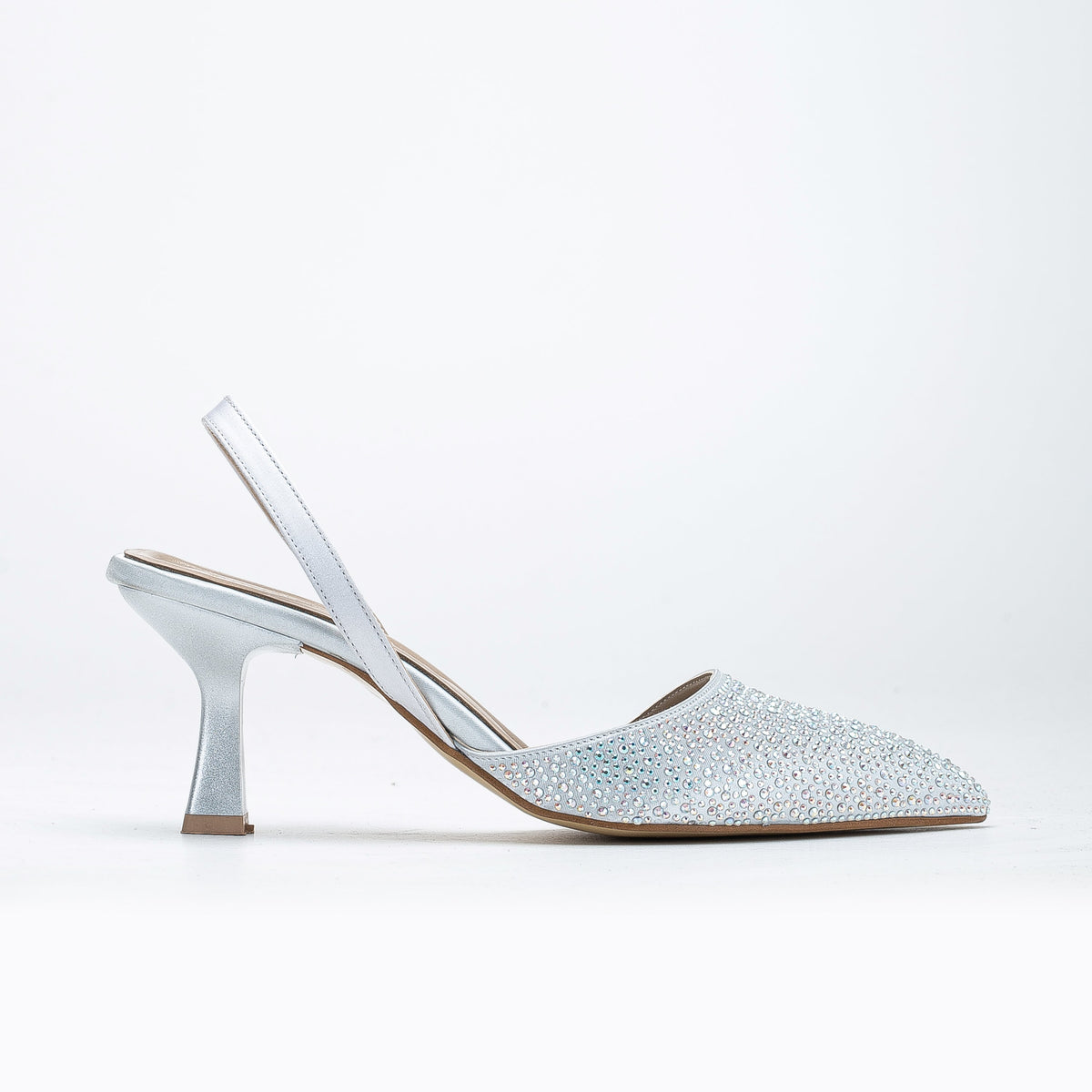 Rae - Silver Rhinestone Slingback Kitten Heels – front three-quarter view showing rhinestone, silver, Vowalisse