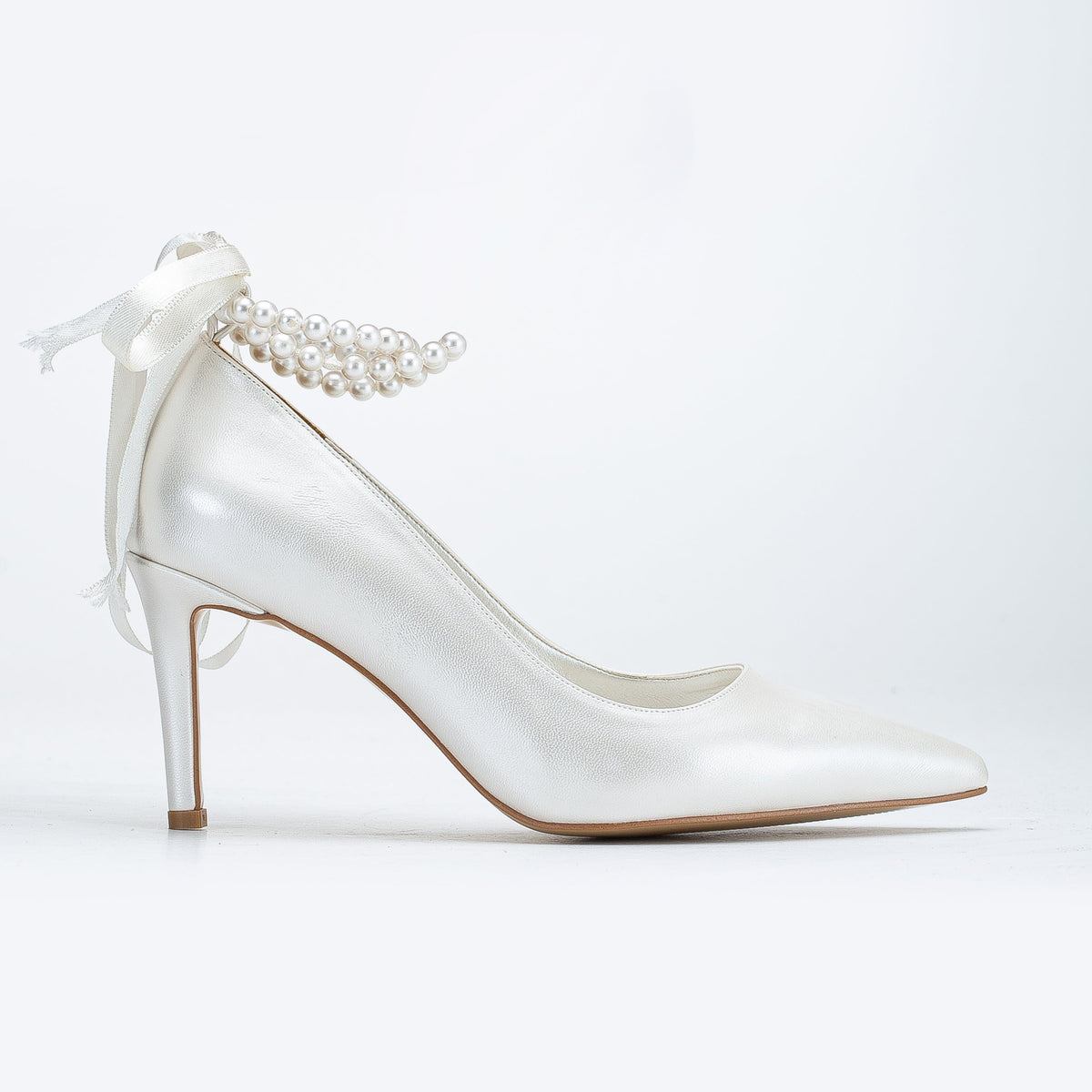 Penelope - Ivory Bridal Stiletto with Pearls – front three-quarter view showing pearl, satin, leather, Vowalisse