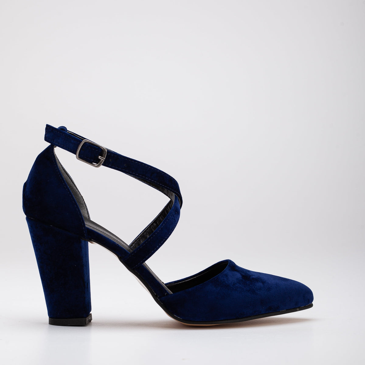Sina - Dark Blue Velvet Criss Cross Heels – front three-quarter view showing velvet, blue, Vowalisse