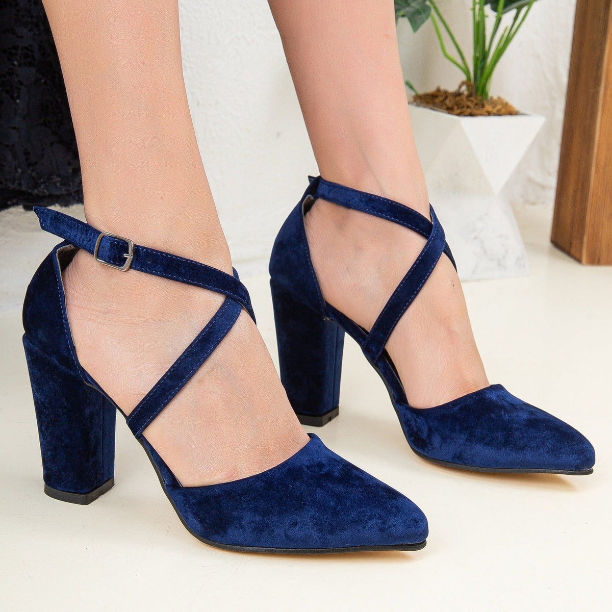 Sina - Dark Blue Velvet Criss Cross Heels – detail view showing velvet, blue, Vowalisse