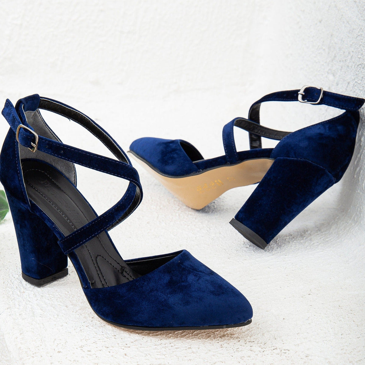 Sina - Dark Blue Velvet Criss Cross Heels – back view showing velvet, blue, Vowalisse