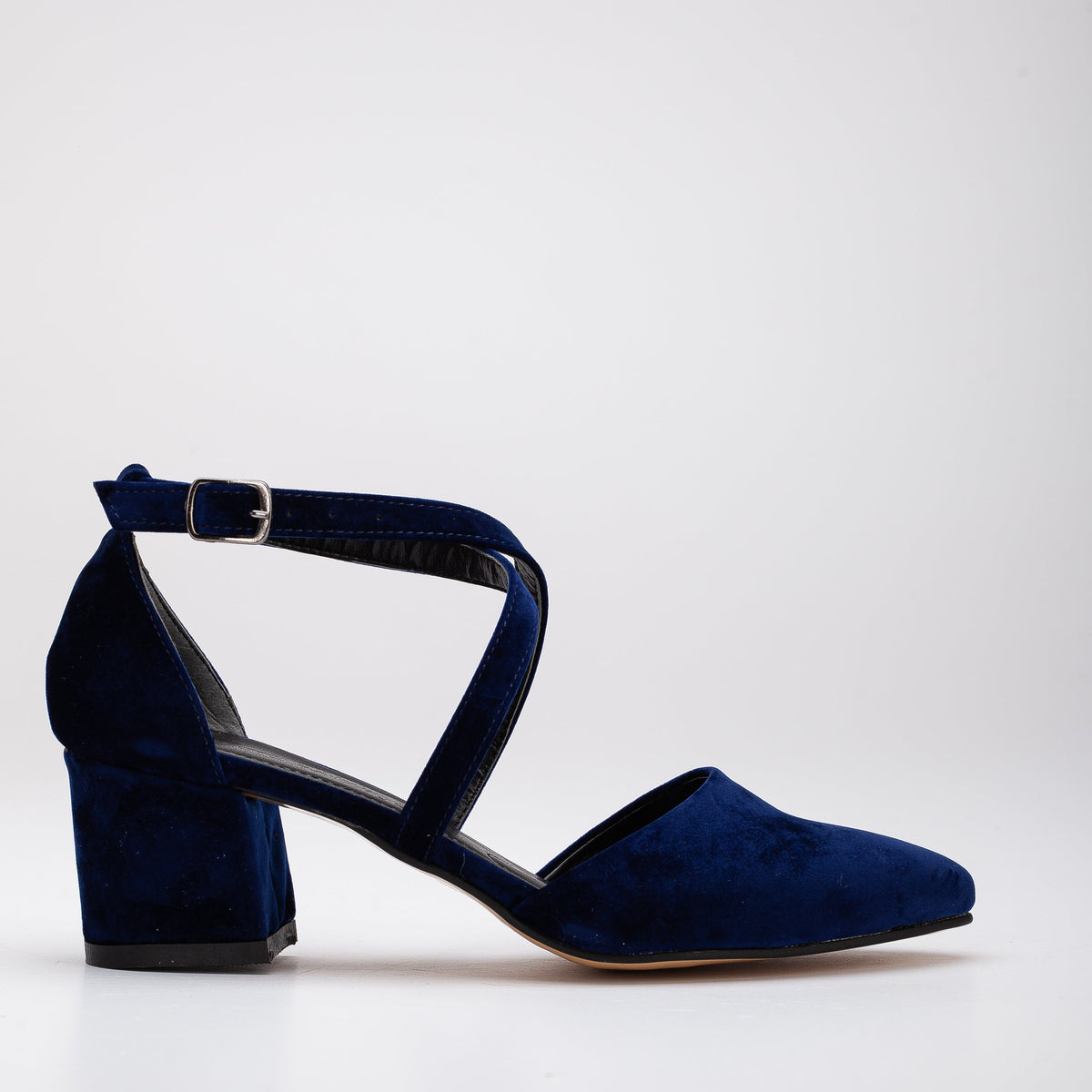 Dolly - Dark Blue Suede Block Heels – front three-quarter view showing suede, blue, Vowalisse