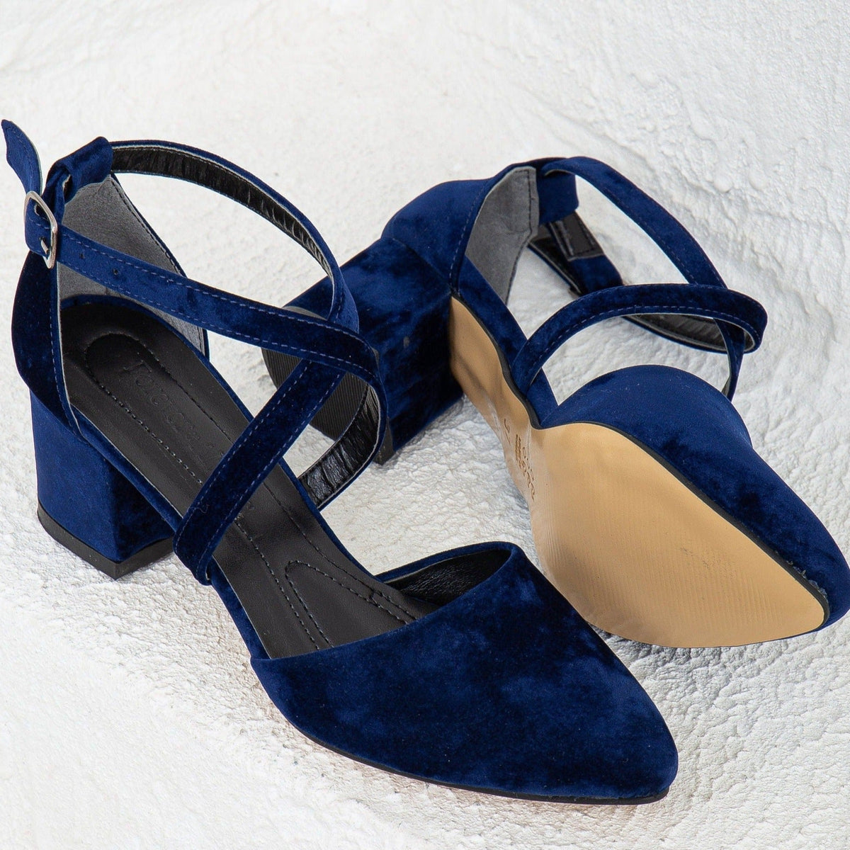 Dolly - Dark Blue Suede Block Heels – detail view showing suede, blue, Vowalisse