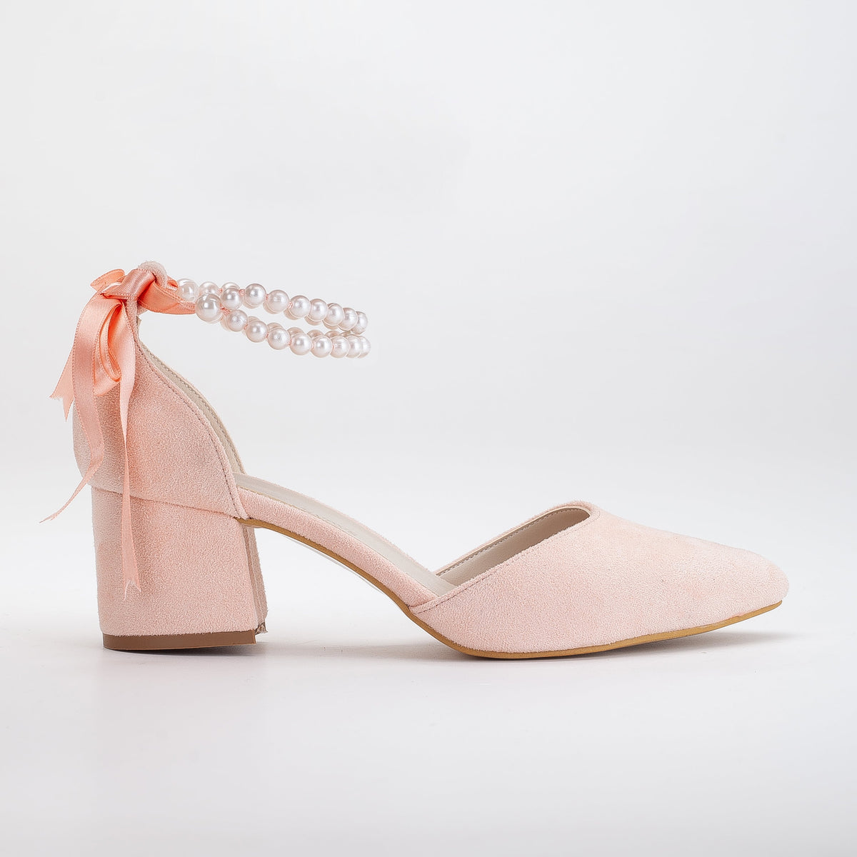 Miranda - Coral Pink Shoes with Pearls – front three-quarter view showing pearl, leather, suede, Vowalisse