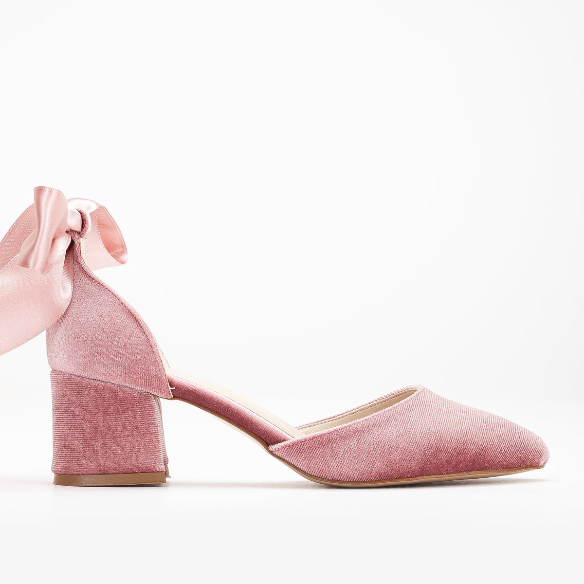 Fiona - Rose Velvet Low Heels with Ribbon – front three-quarter view showing velvet, pink, Vowalisse