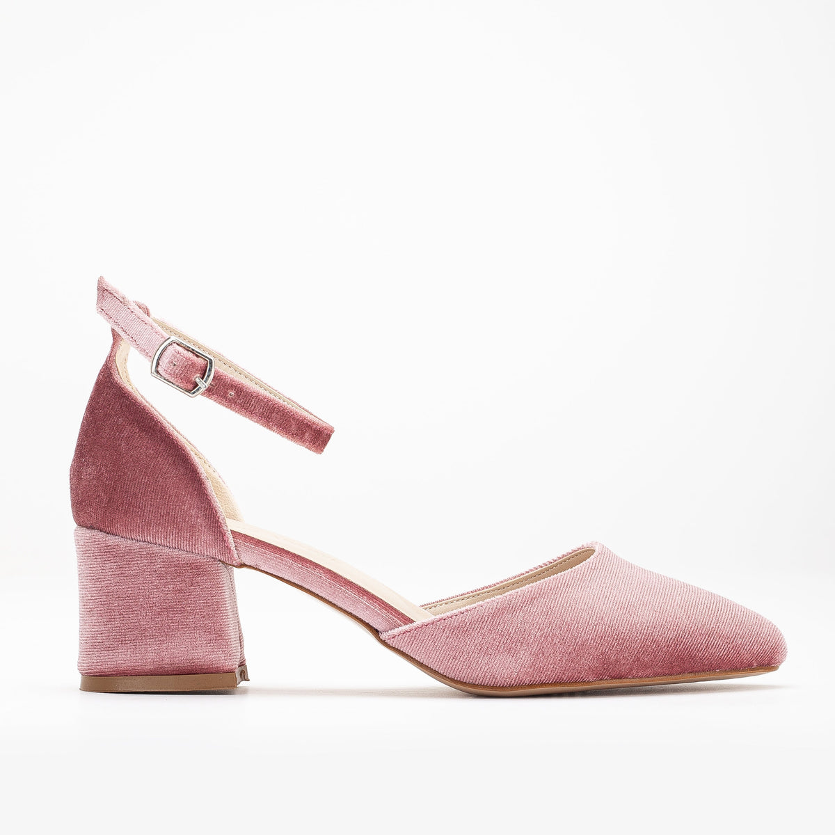 Fiona - Rose Velvet Low Heels with Ribbon – sole view showing velvet, pink, Vowalisse