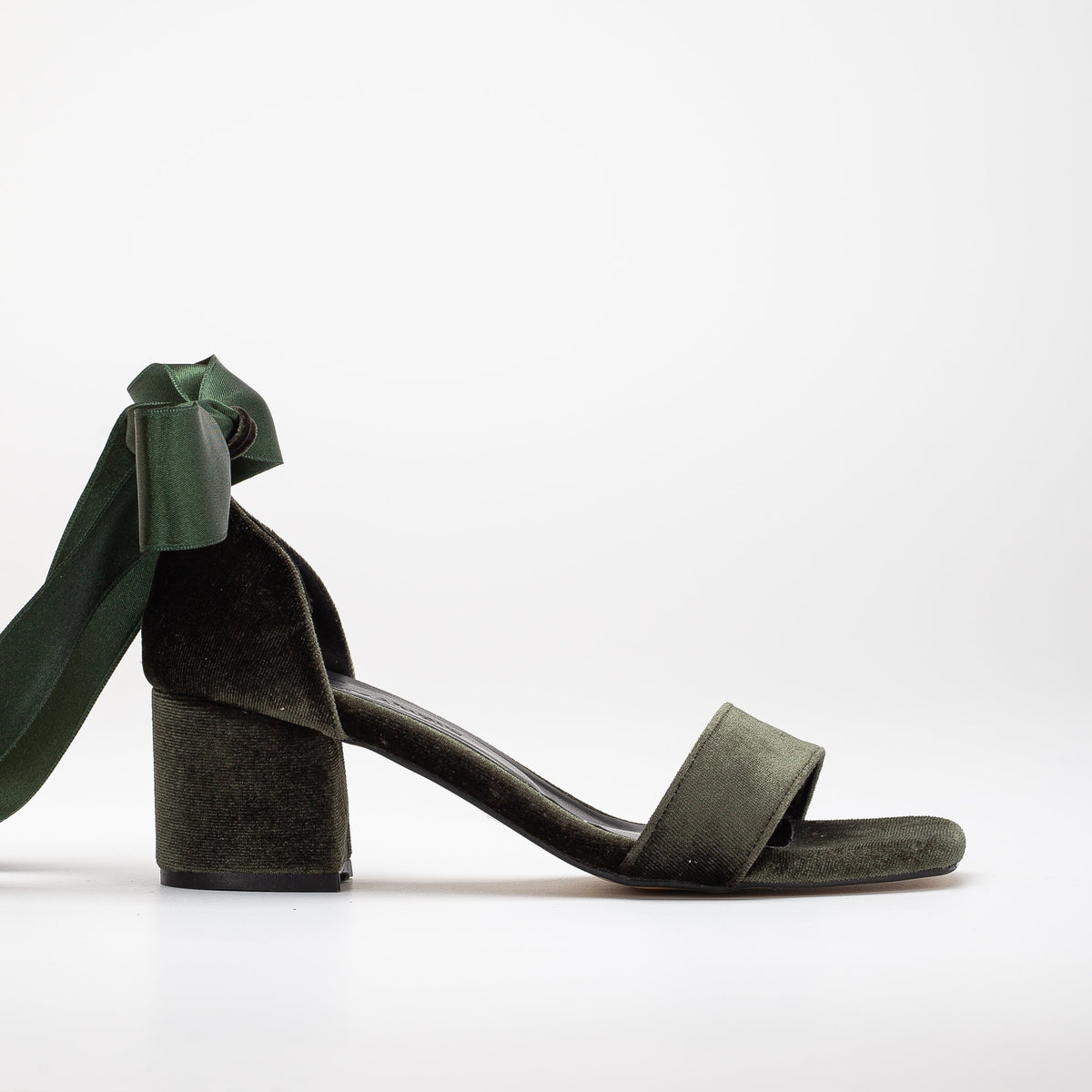 Athena - Olive Green Velvet Sandals with Ribbon – front three-quarter view showing satin, velvet, red, Vowalisse