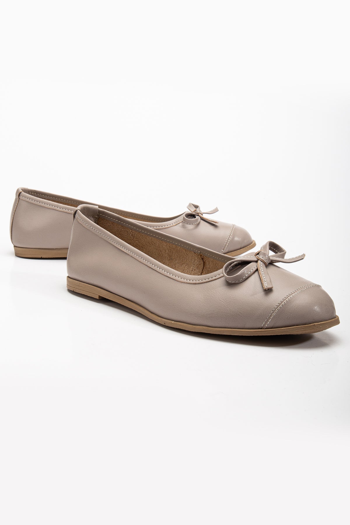 Brooklyn - Dark Beige Ballerina Flats – front three-quarter view showing bow, leather, suede, Vowalisse