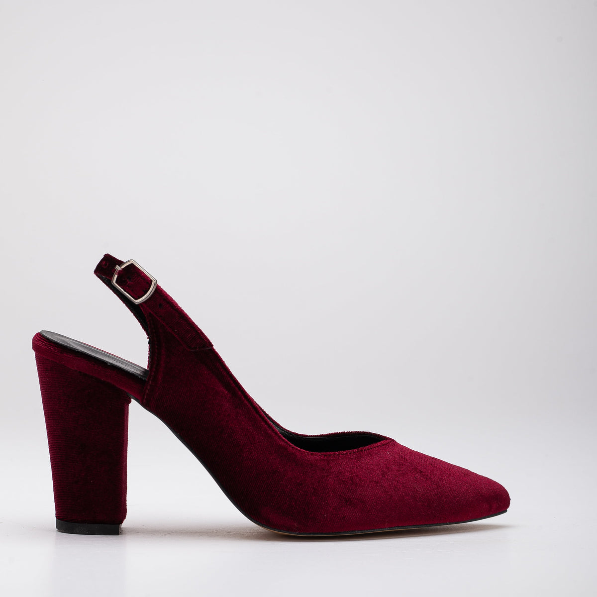 Emma - Burgundy Velvet Slingback Heels – front three-quarter view showing velvet, red, Vowalisse