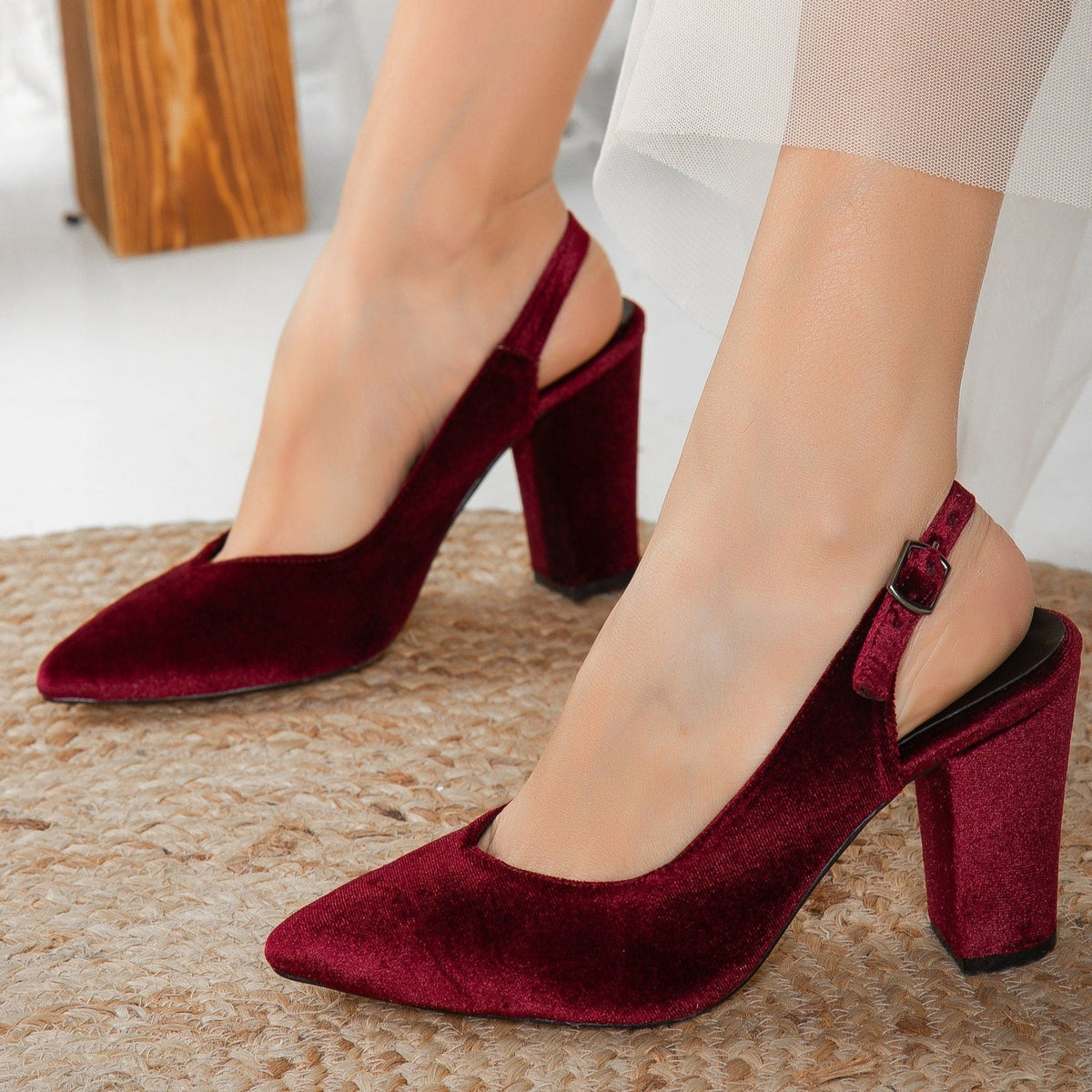 Emma - Burgundy Velvet Slingback Heels – detail view showing velvet, red, Vowalisse