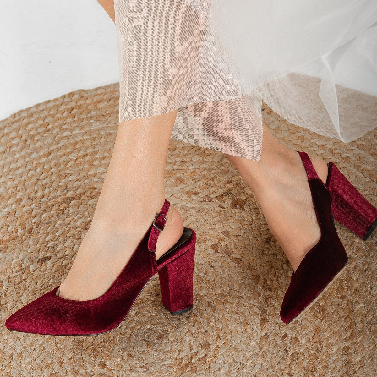 Emma - Burgundy Velvet Slingback Heels – heel view showing velvet, red, Vowalisse