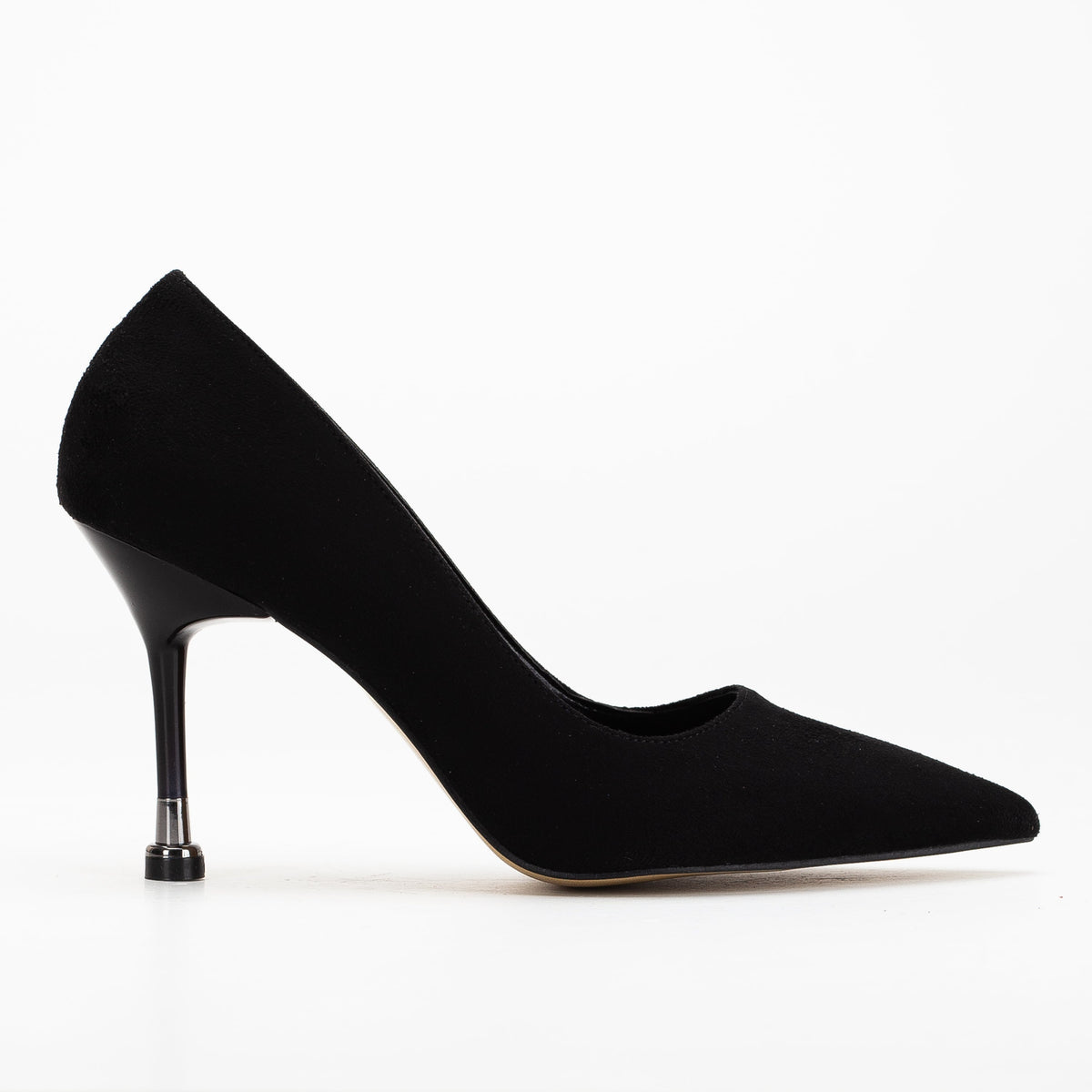 Raven - Black Suede Pointed Toe Stiletto Pump – front three-quarter view showing leather, suede, black, Vowalisse