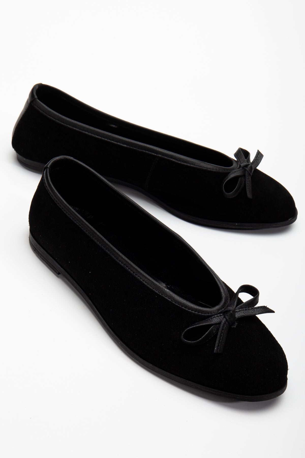 Freya - Black Suede Ballerina Flats – front three-quarter view showing bow, leather, suede, Vowalisse