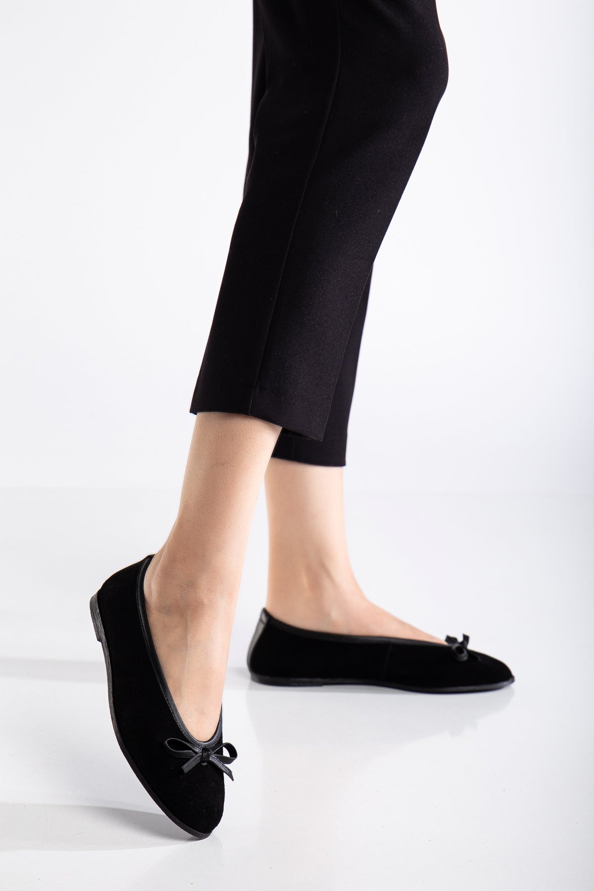 Freya - Black Suede Ballerina Flats – heel view showing bow, leather, suede, Vowalisse