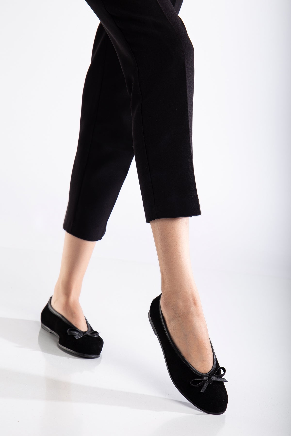 Freya - Black Suede Ballerina Flats – back view showing bow, leather, suede, Vowalisse