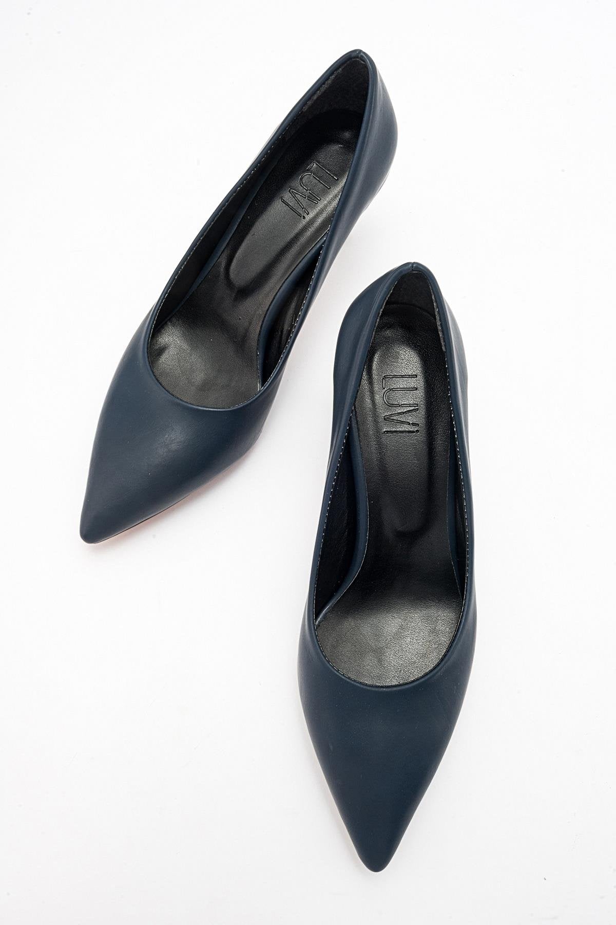Pedra - Navy Heeled Shoe – heel view showing leather, Vowalisse