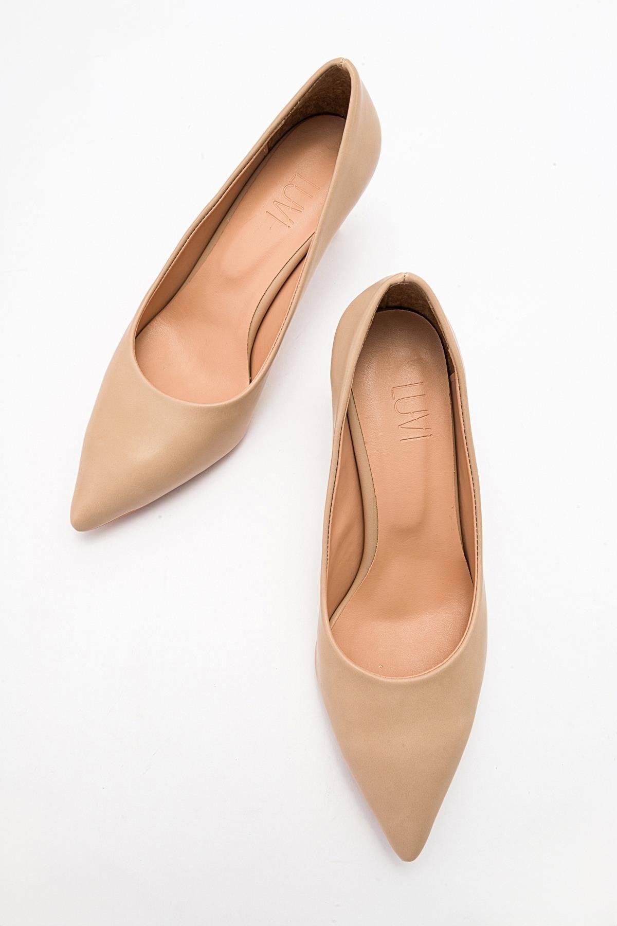 Pedra - Nude Heeled Shoe – detail view showing leather, nude, Vowalisse