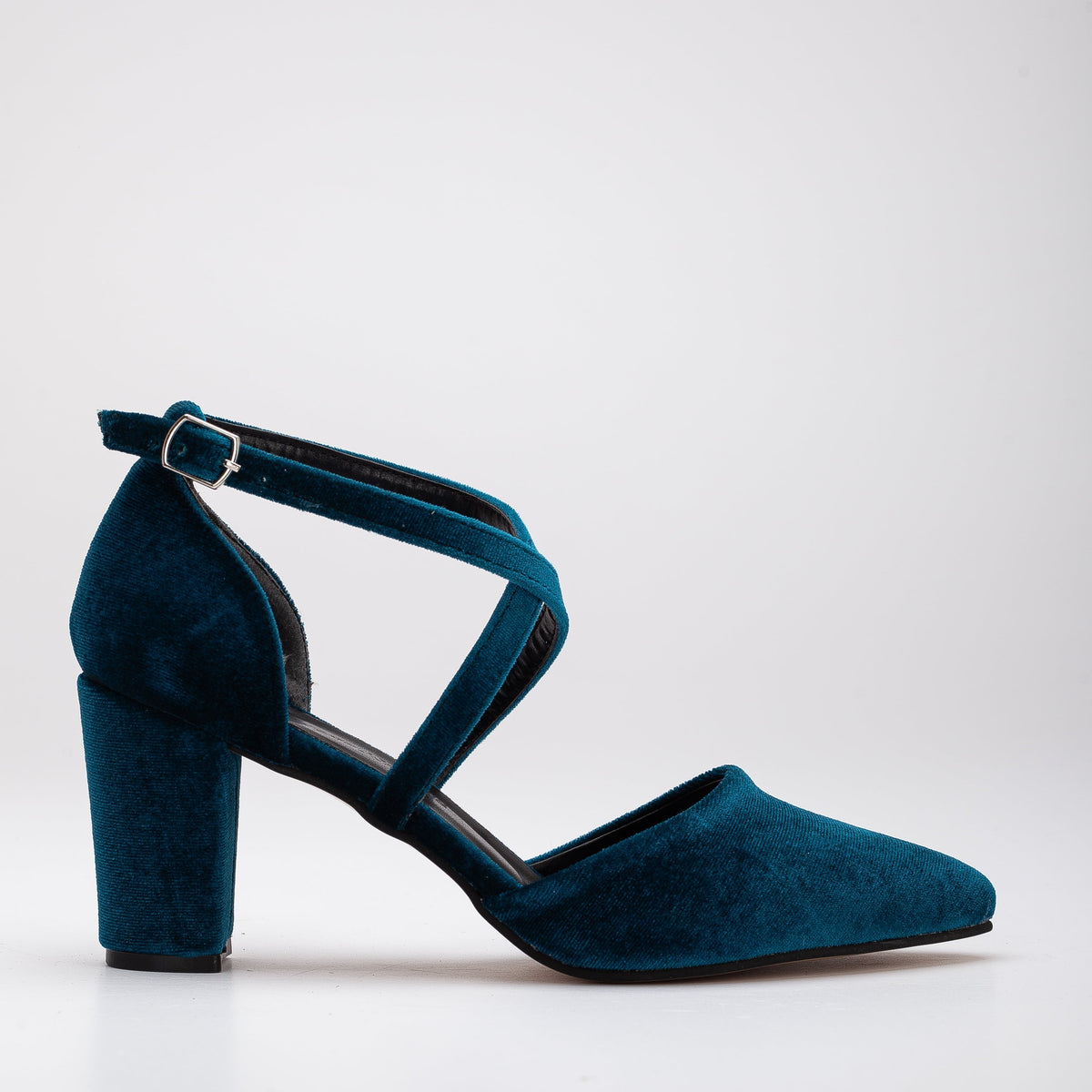 Sina - Teal Blue Velvet High Heels – front three-quarter view showing velvet, blue, Vowalisse