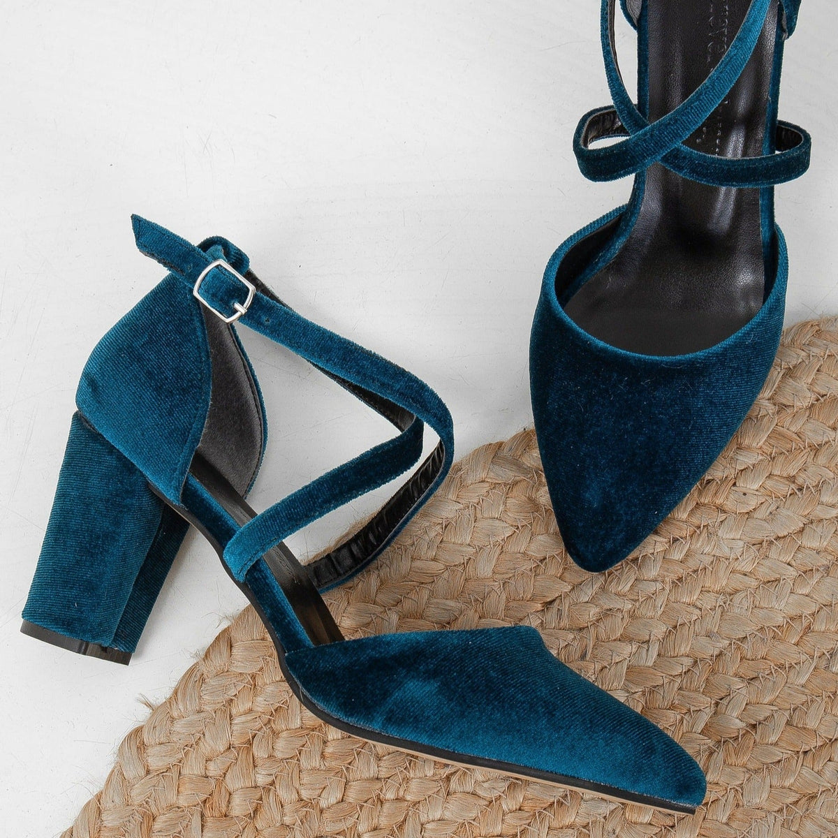Sina - Teal Blue Velvet High Heels – back view showing velvet, blue, Vowalisse