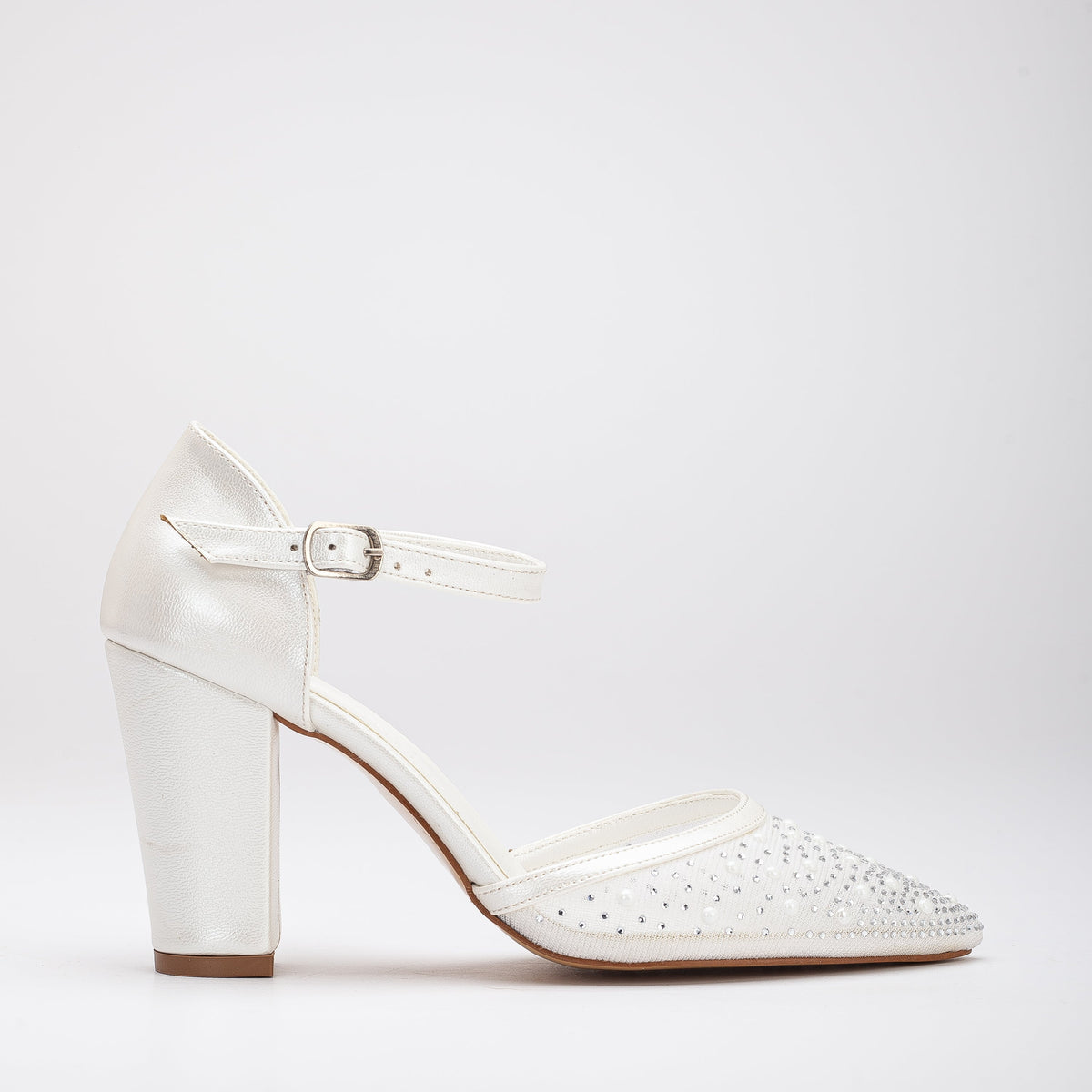 Aveline - Lace Wedding Shoes – front three-quarter view showing pearl, lace, leather, Vowalisse