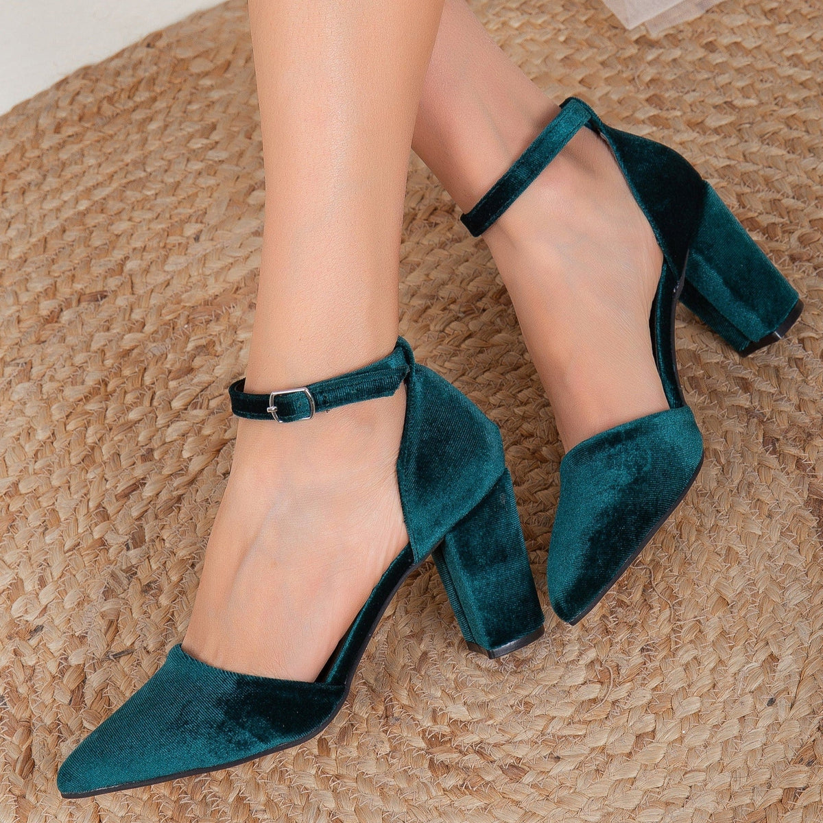 Gisele - Emerald Green Velvet Heels – back view showing velvet, green, Vowalisse