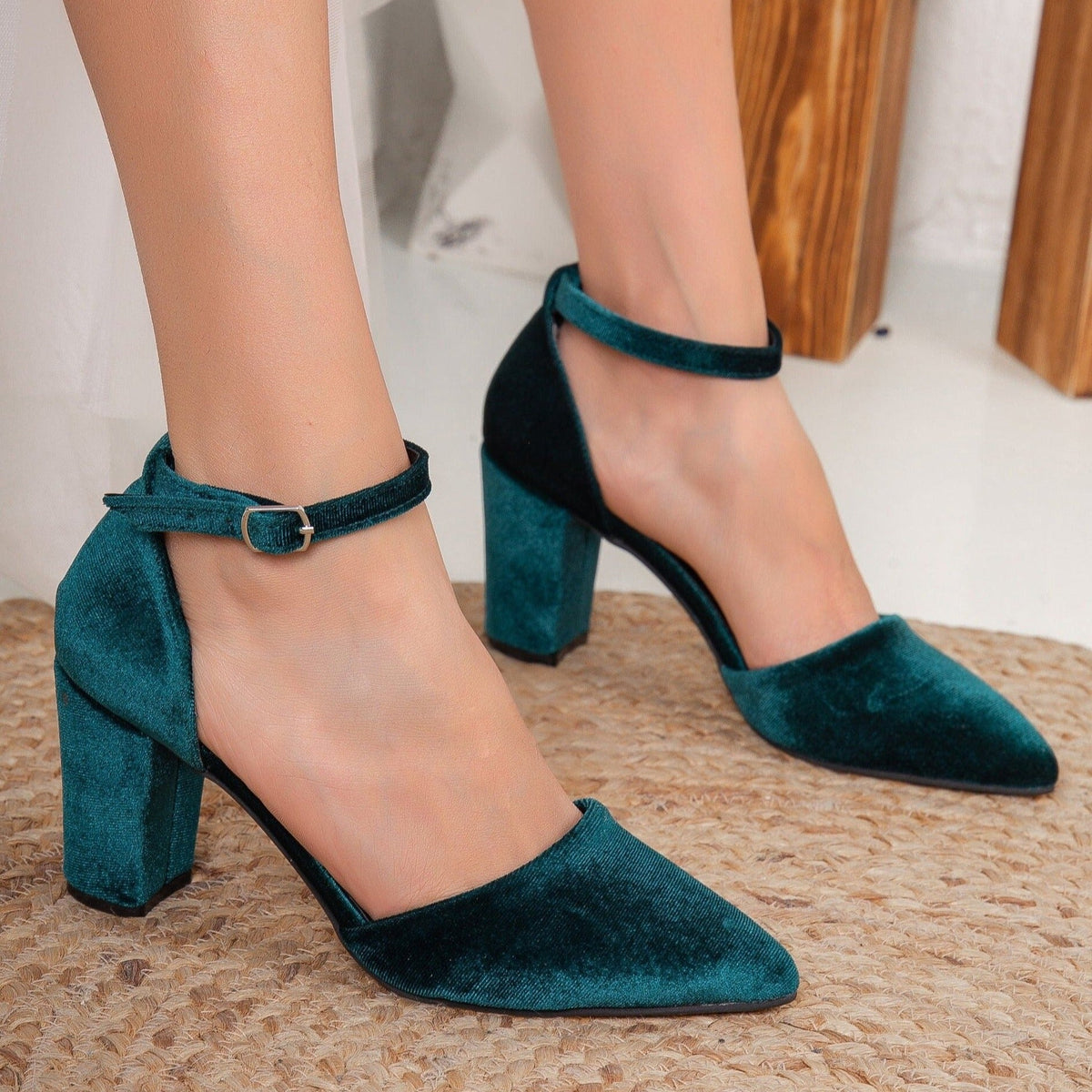 Gisele - Emerald Green Velvet Heels – top view showing velvet, green, Vowalisse