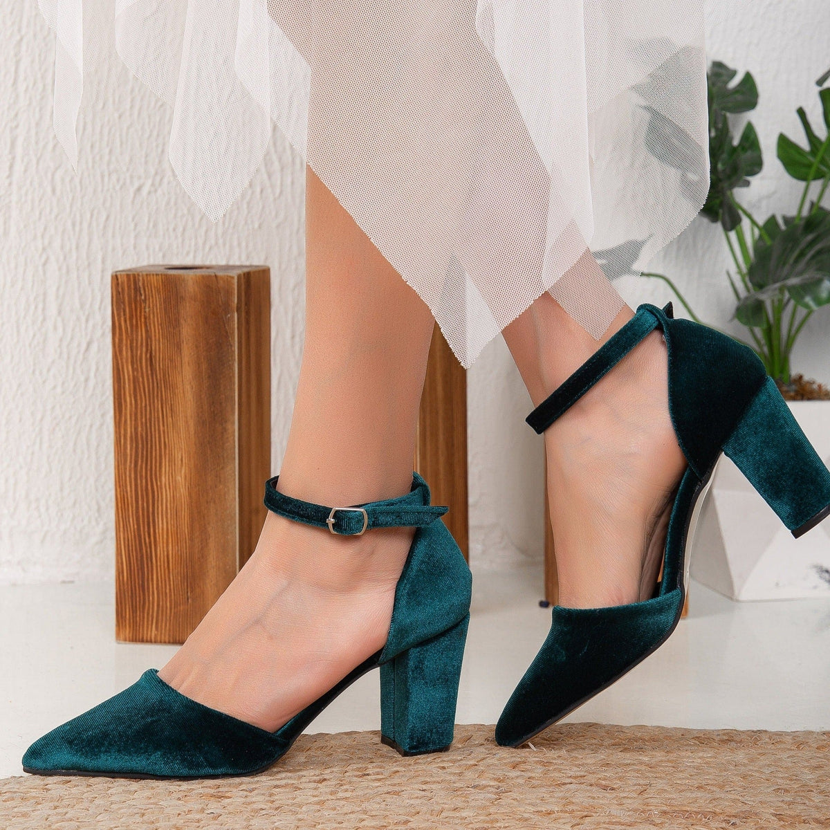 Gisele - Emerald Green Velvet Heels – pair view showing velvet, green, Vowalisse