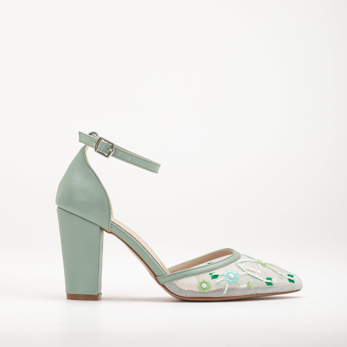Lorraine - Sage Green Floral Lace Wedding Shoes – front three-quarter view showing pearl, lace, leather, Vowalisse
