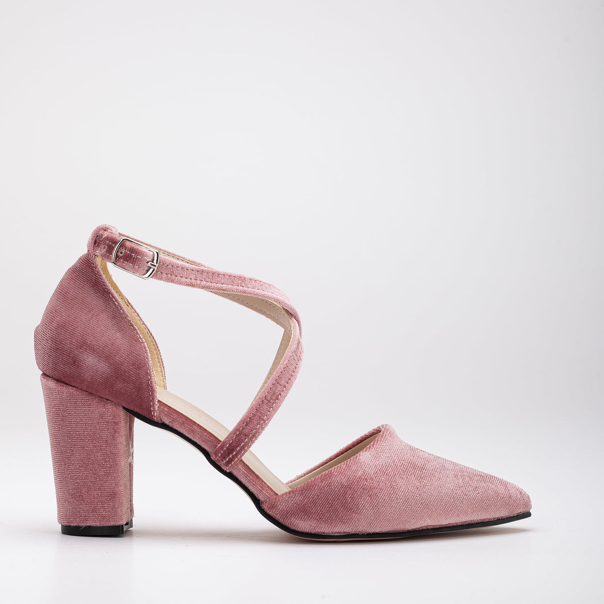 Sina - Rose Velvet High Heels – front three-quarter view showing velvet, pink, Vowalisse