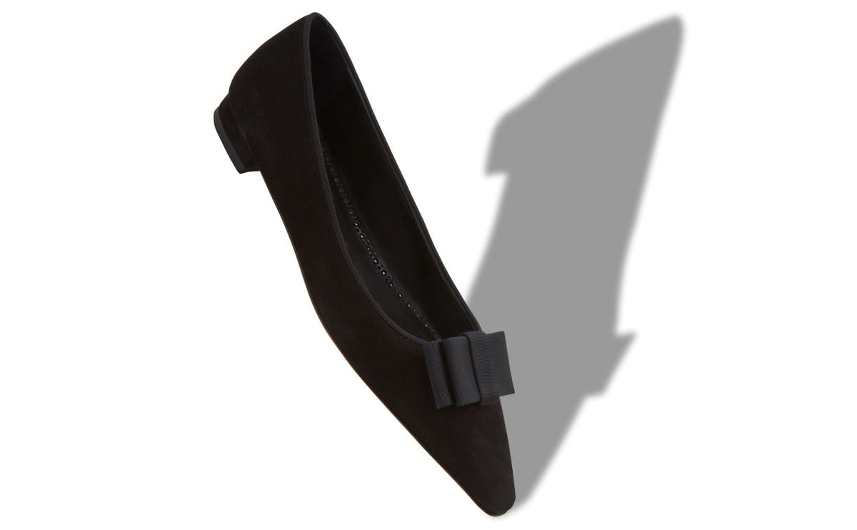 Delphine Jewel Black Bow Detail Pumps – front three-quarter view showing black bow detail, pointed toe, suede, Vowalisse