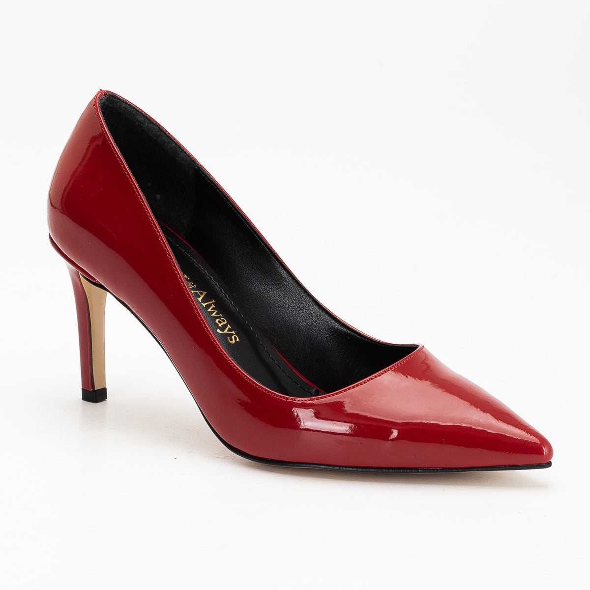 Perla - Red Patent Pointed Toe Stiletto Pump – side view showing leather, red, Vowalisse