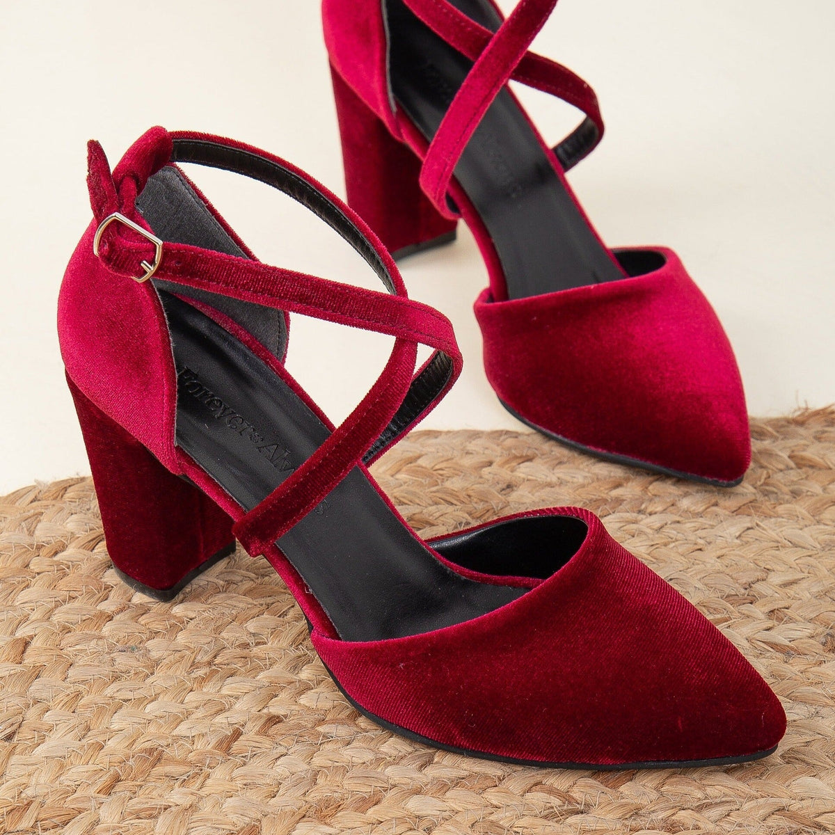 Sina - Burgundy Velvet High Heels – heel view showing velvet, red, Vowalisse