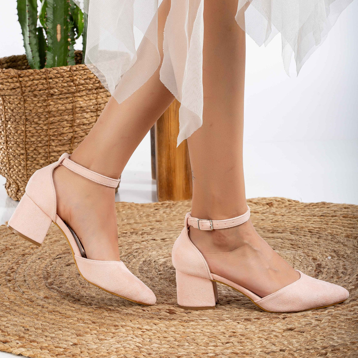 Marcelle - Coral Pink Pumps – side view showing leather, suede, pink, Vowalisse