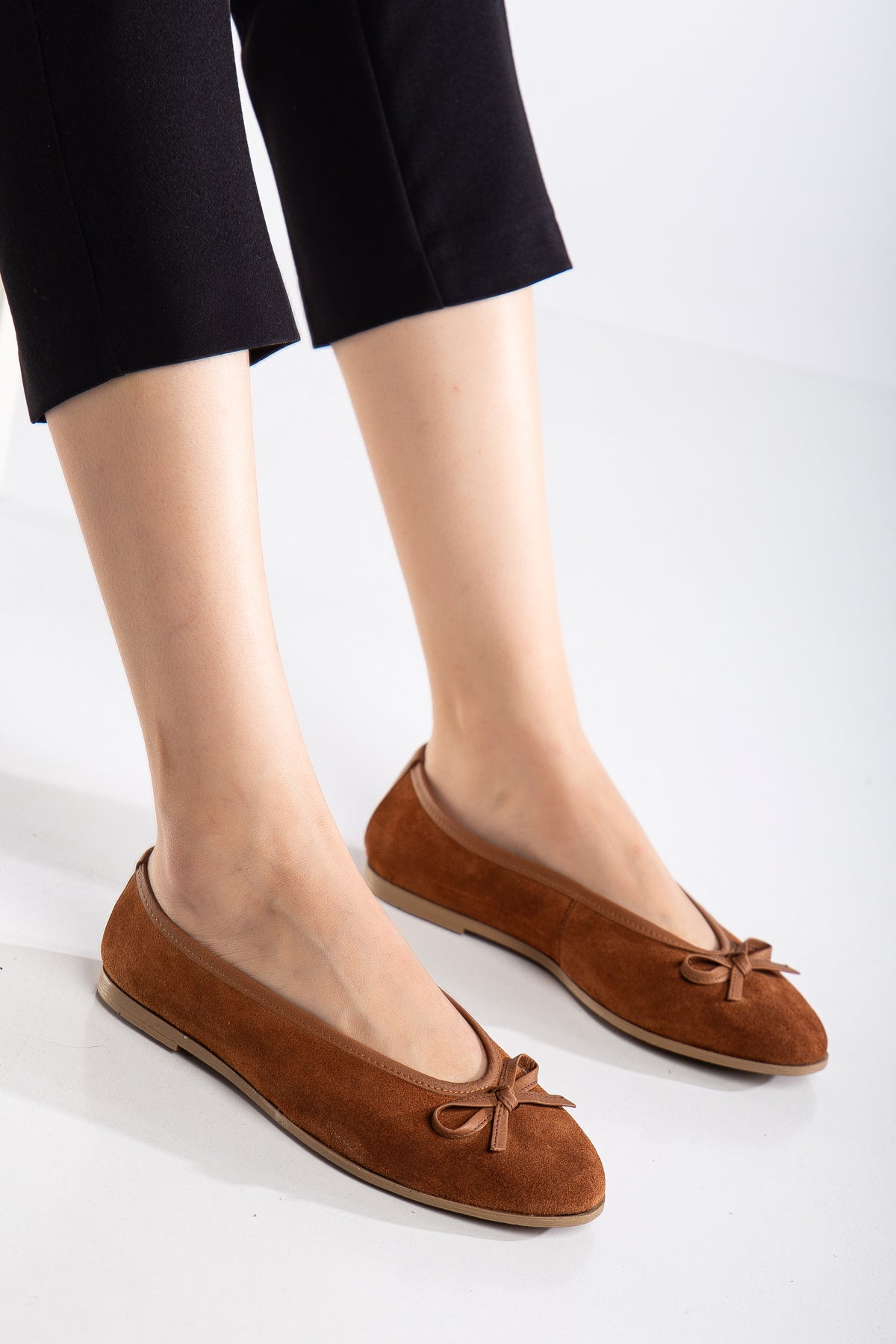 Freya - Cognac Suede Ballerina Flats – detail view showing bow, leather, suede, Vowalisse
