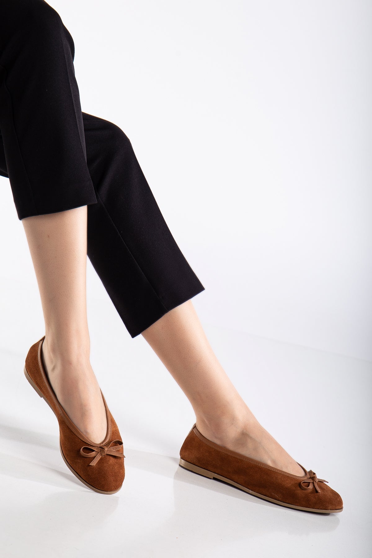 Freya - Cognac Suede Ballerina Flats – back view showing bow, leather, suede, Vowalisse