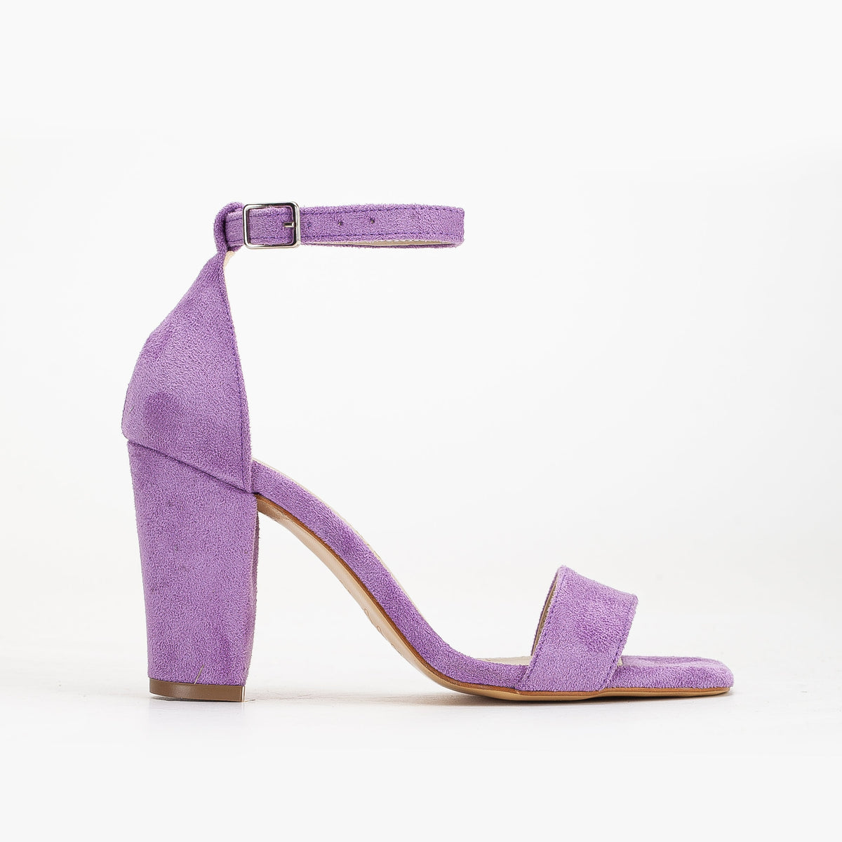 Jess - Purple Suede Sandals – front three-quarter view showing pearl, leather, suede, Vowalisse